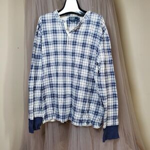 Vtg Ralph Lauren Blue Plaid Mens Pajama Top XL Flannel Cotton Cabincore Classic